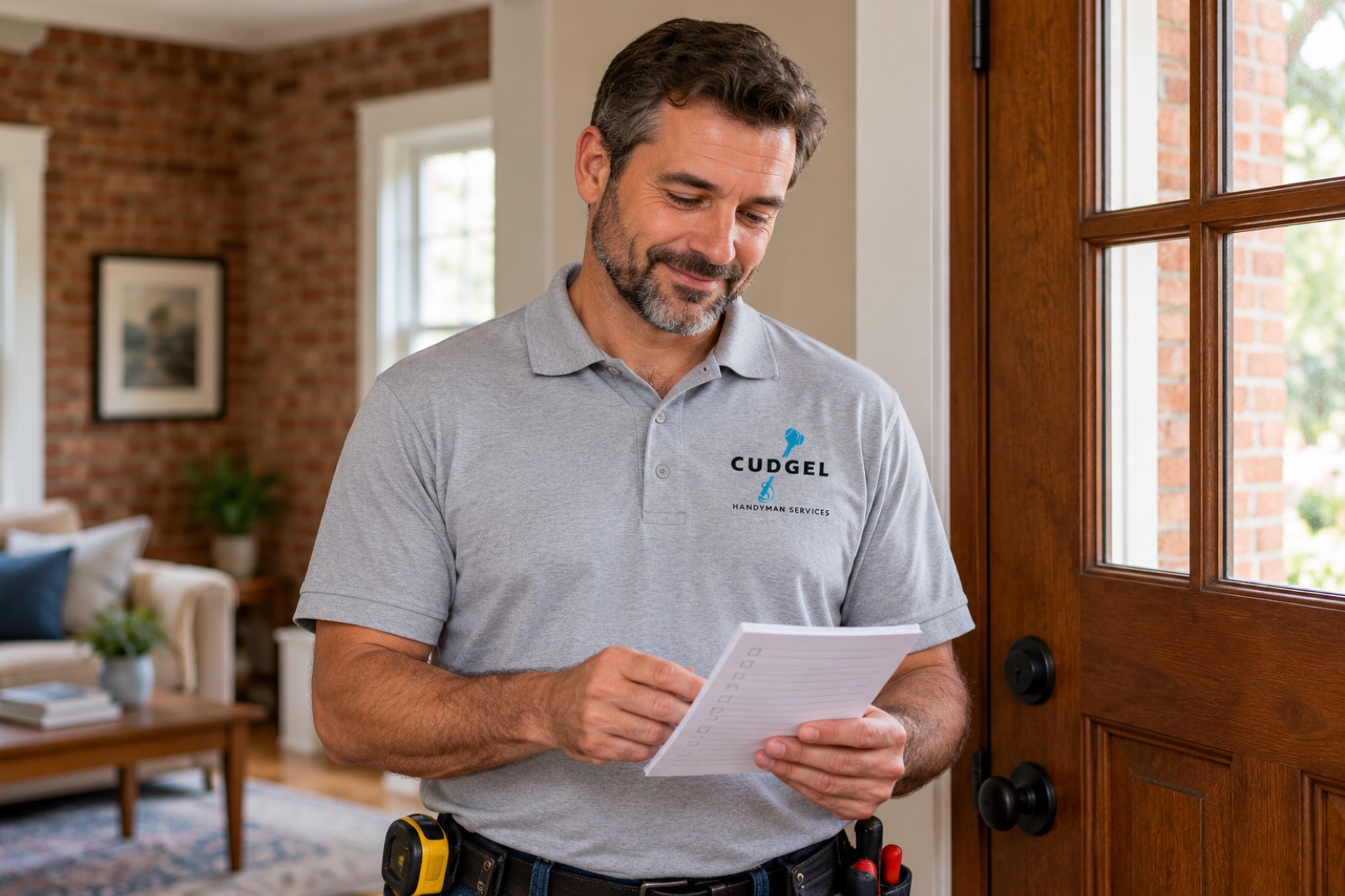 AI illustration of a Cudgel-branded technician reviewing a repair list; not actual staff