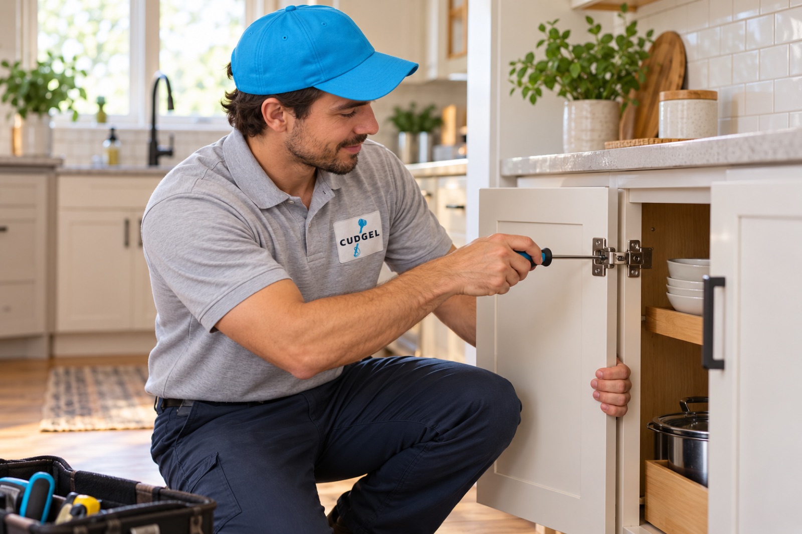 AI illustration of a Cudgel-branded technician adjusting cabinet hardware; not actual staff or work