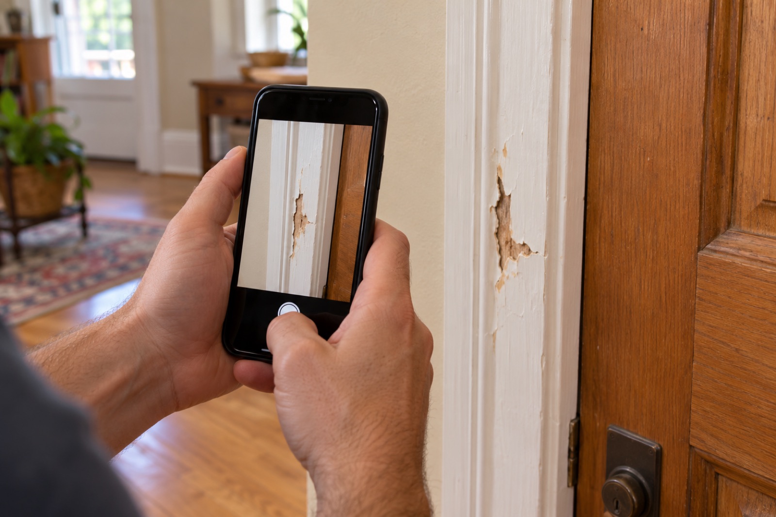 AI illustration of hands photographing damaged door trim with a phone